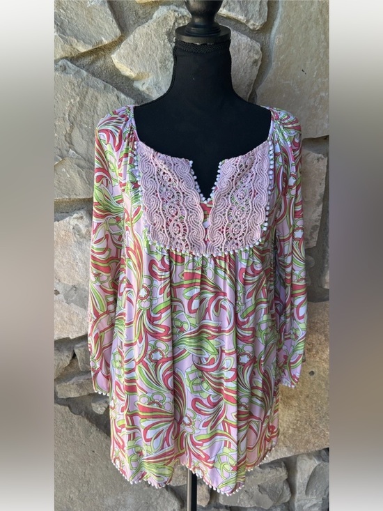 crown & ivy Tops - Crown & Ivy Tunic Top Size Medium Pink Green Floral Crochet Trim Ball Fringe